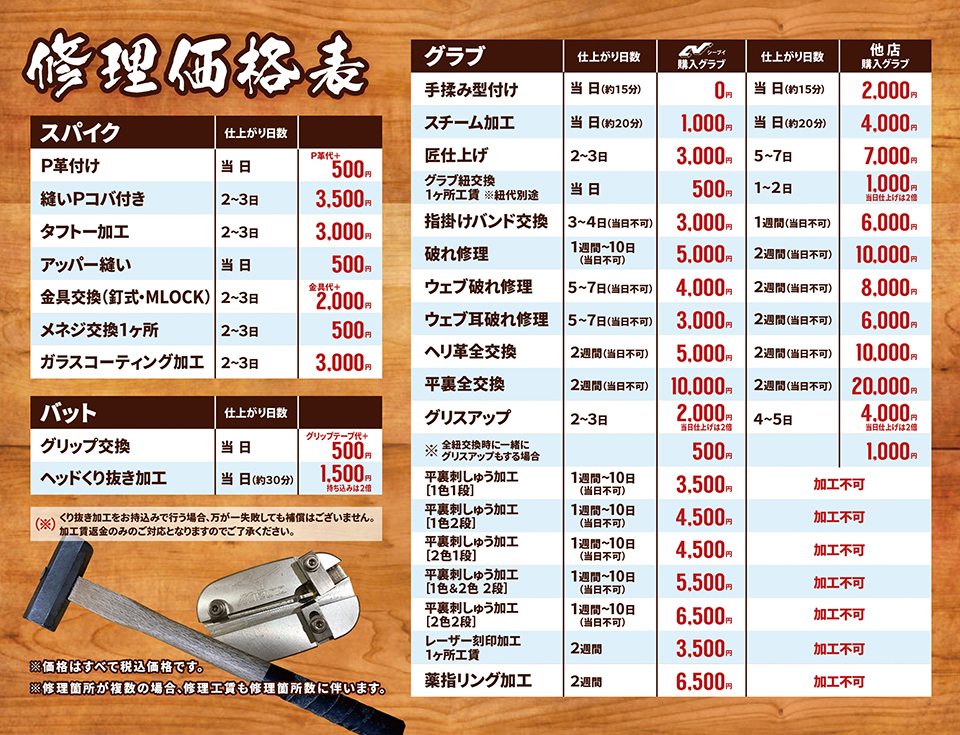 修理価格表